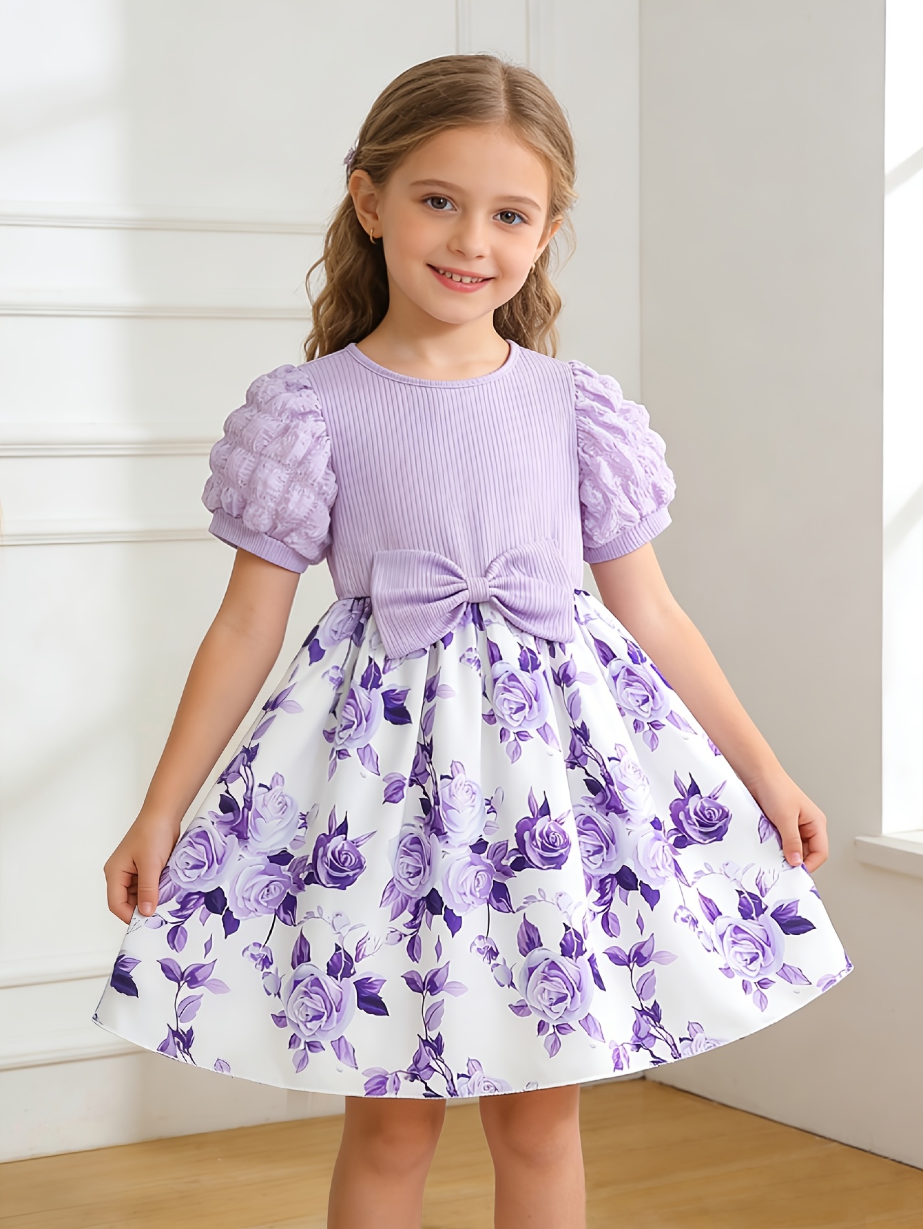 Girls Floral Puff Sleeve Tulle Dress - 图片 2