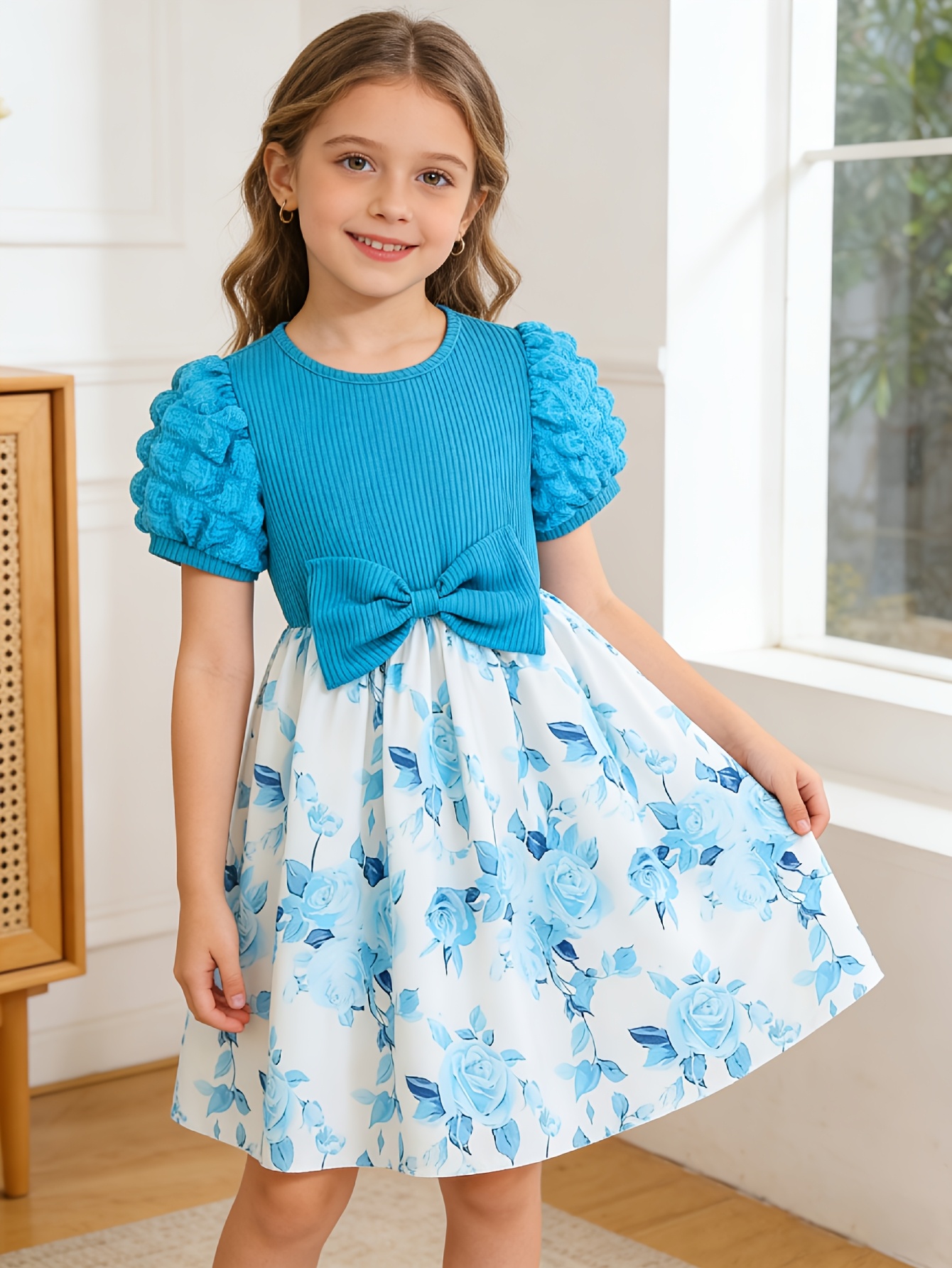 Girls Floral Puff Sleeve Tulle Dress - 图片 4