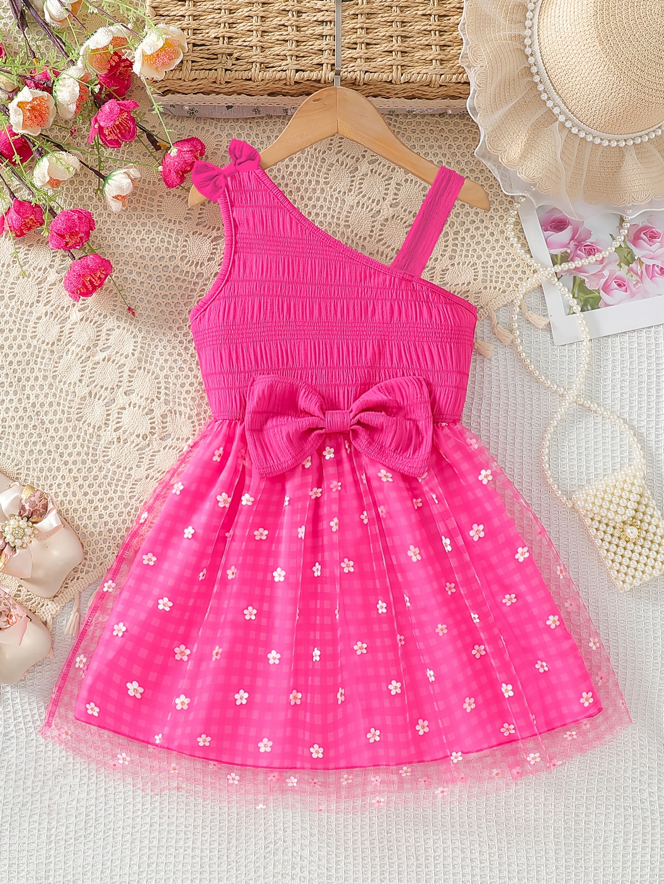 Girls One-Shoulder Plaid Floral Dress - 图片 3