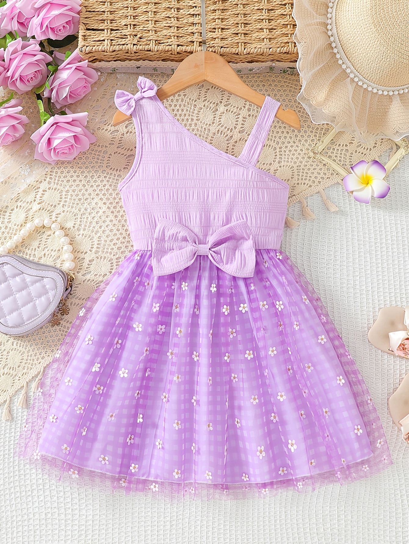 Girls One-Shoulder Plaid Floral Dress - 图片 2