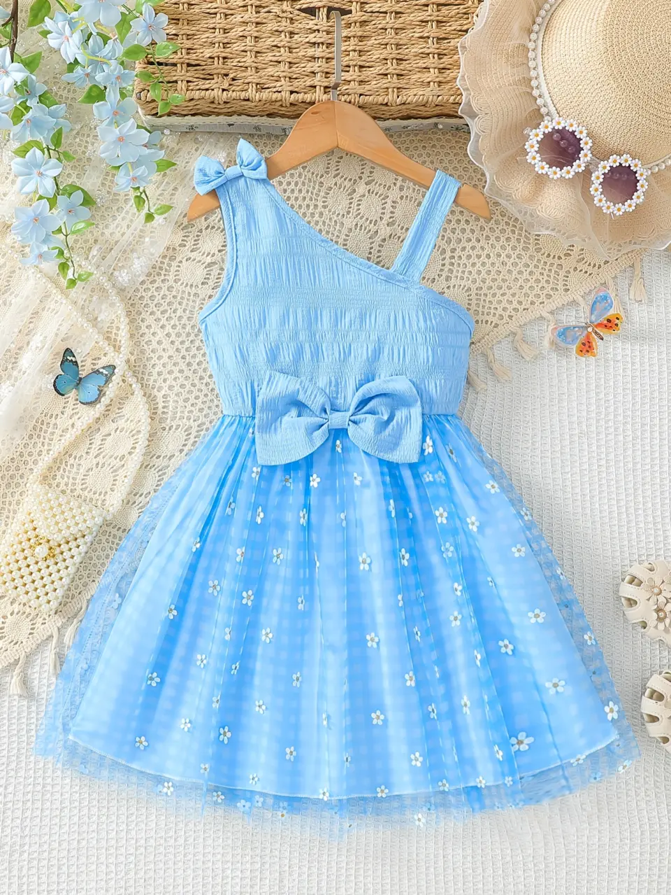 Girls One-Shoulder Plaid Floral Dress