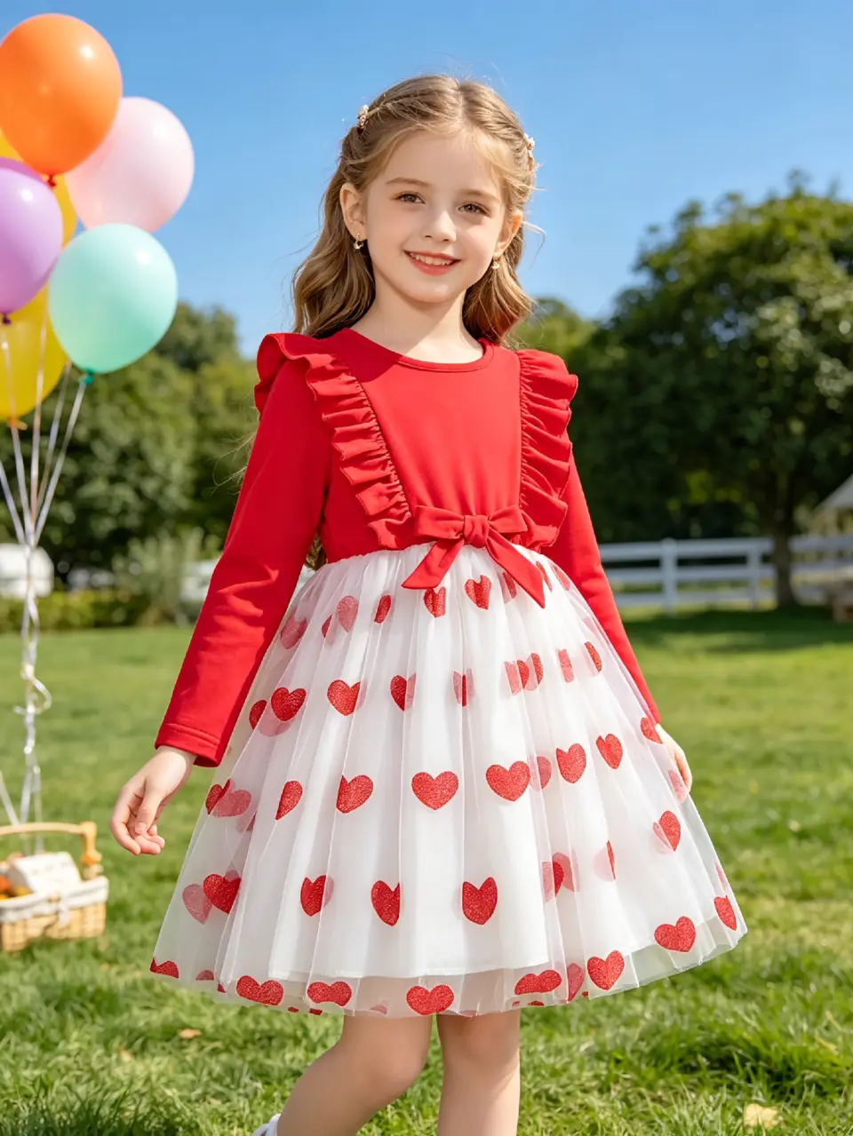 Girls Red Heart Long Sleeve Ruffle Dress