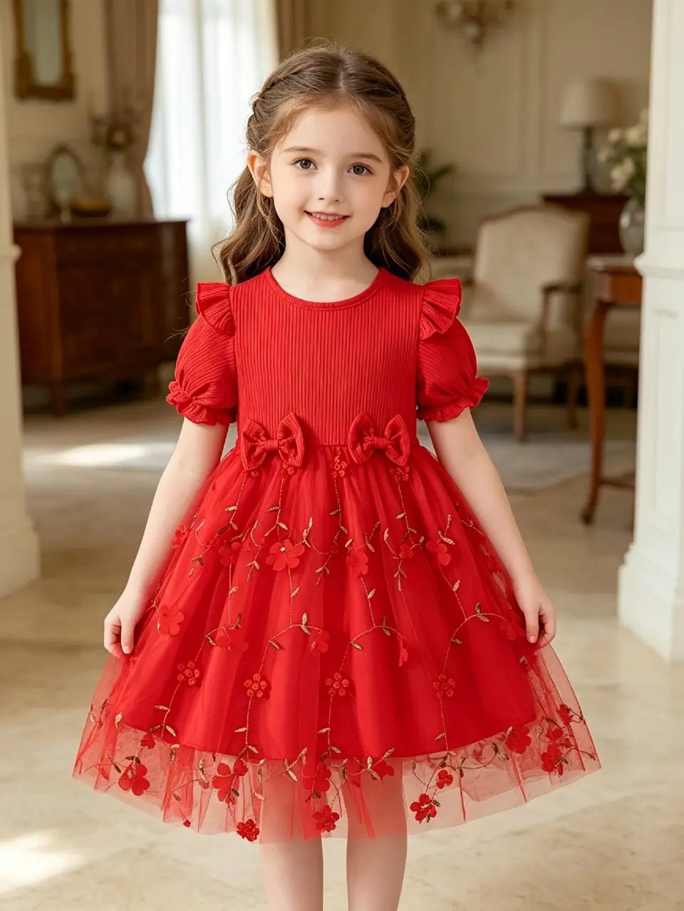 Girls Red 3D Floral Embroidered Tulle Dress