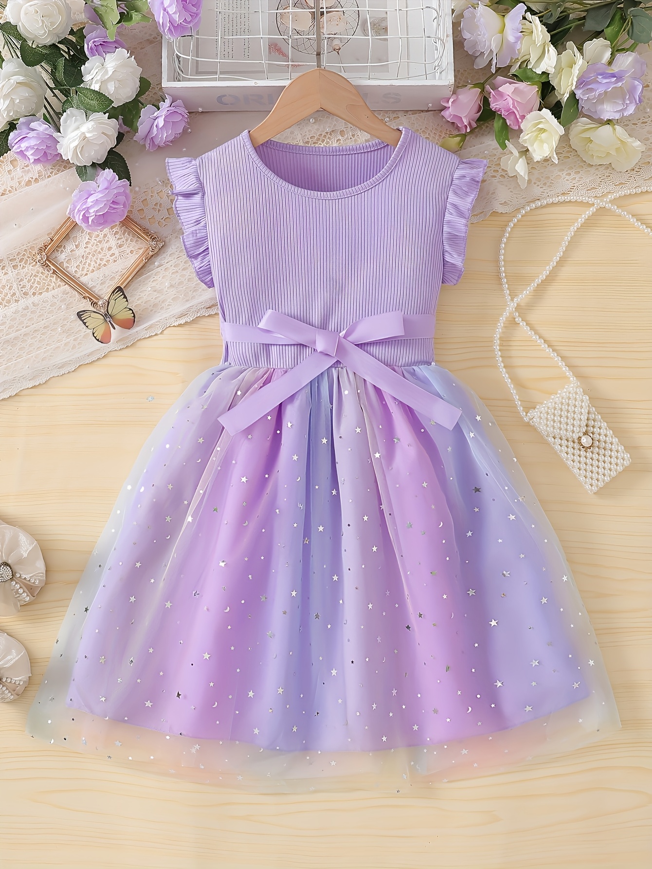 Girls Star Sequin Gradient Tulle Dress - 图片 3
