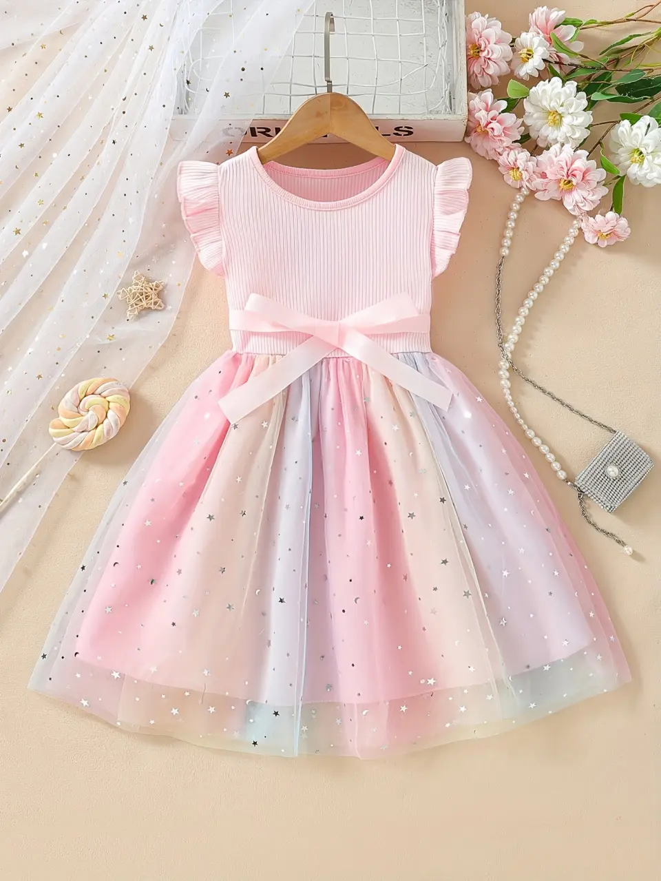 Girls Star Sequin Gradient Tulle Dress