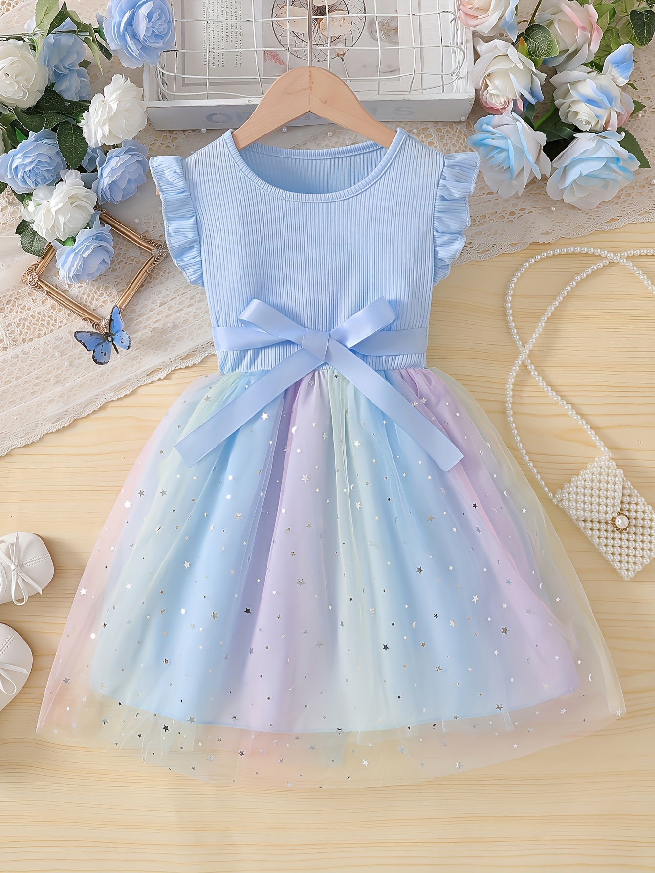 Girls Star Sequin Gradient Tulle Dress - 图片 2