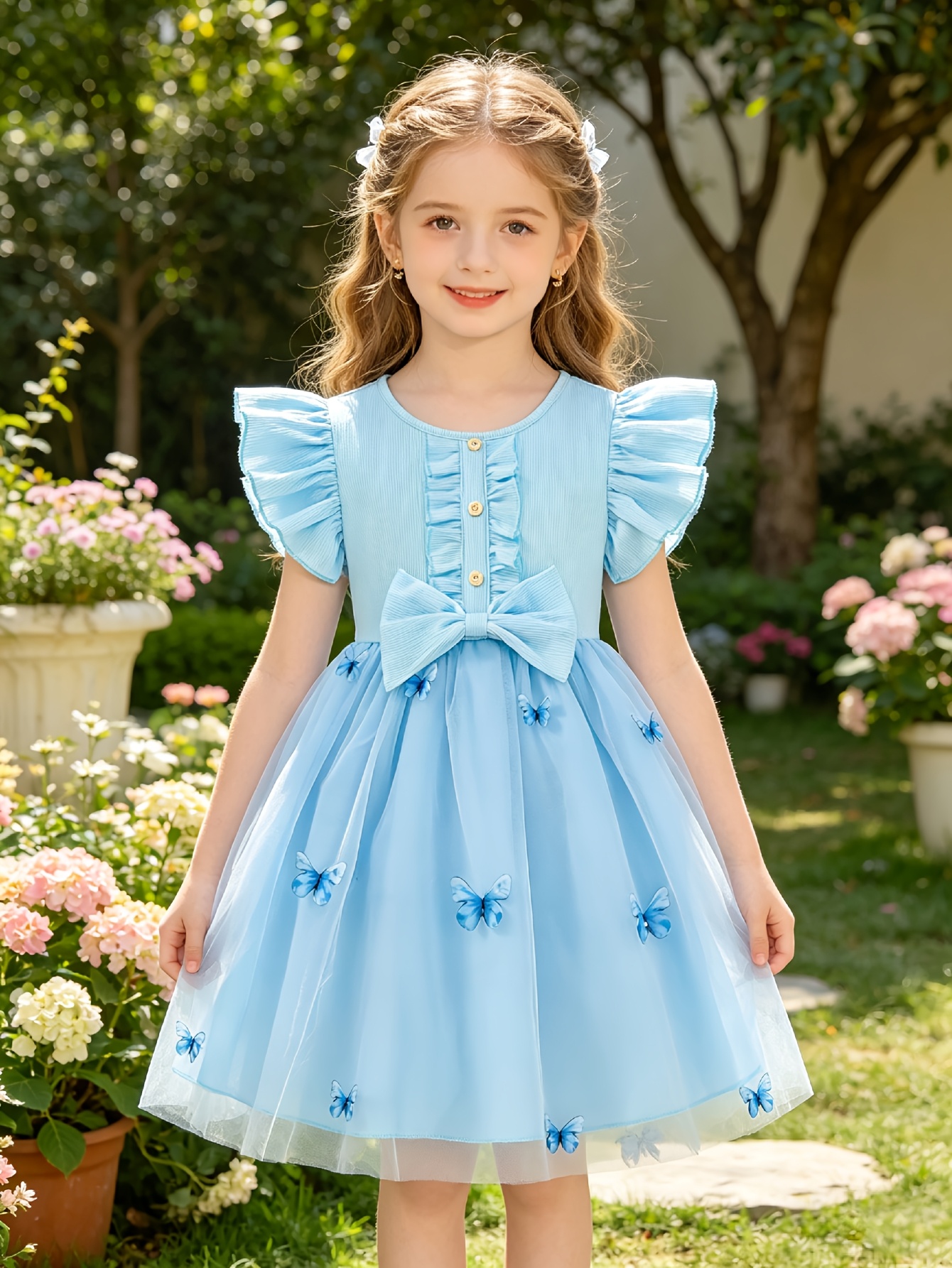 Girls Blue Butterfly Embroidered Tulle Dress - 图片 2