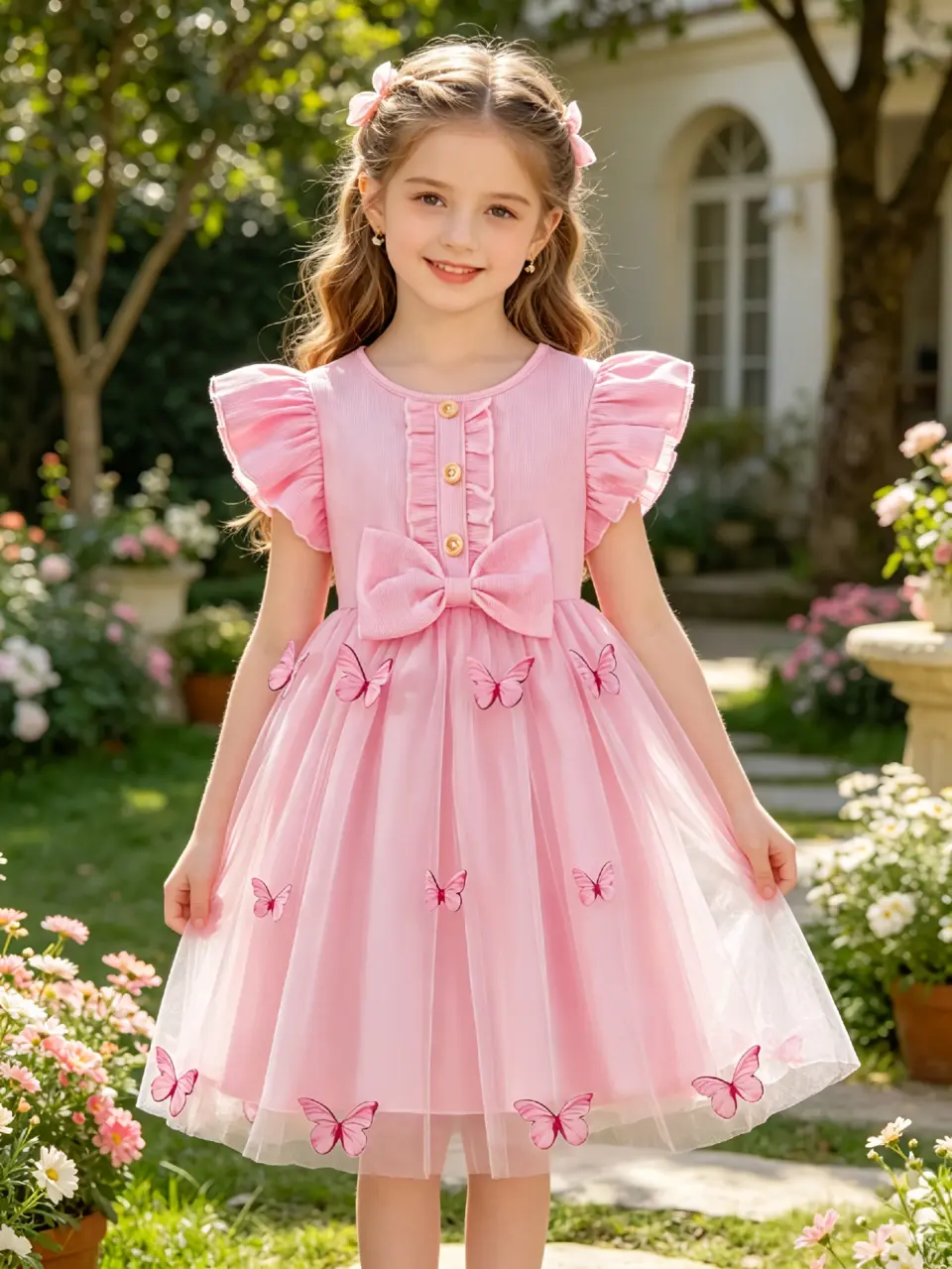 Girls Blue Butterfly Embroidered Tulle Dress