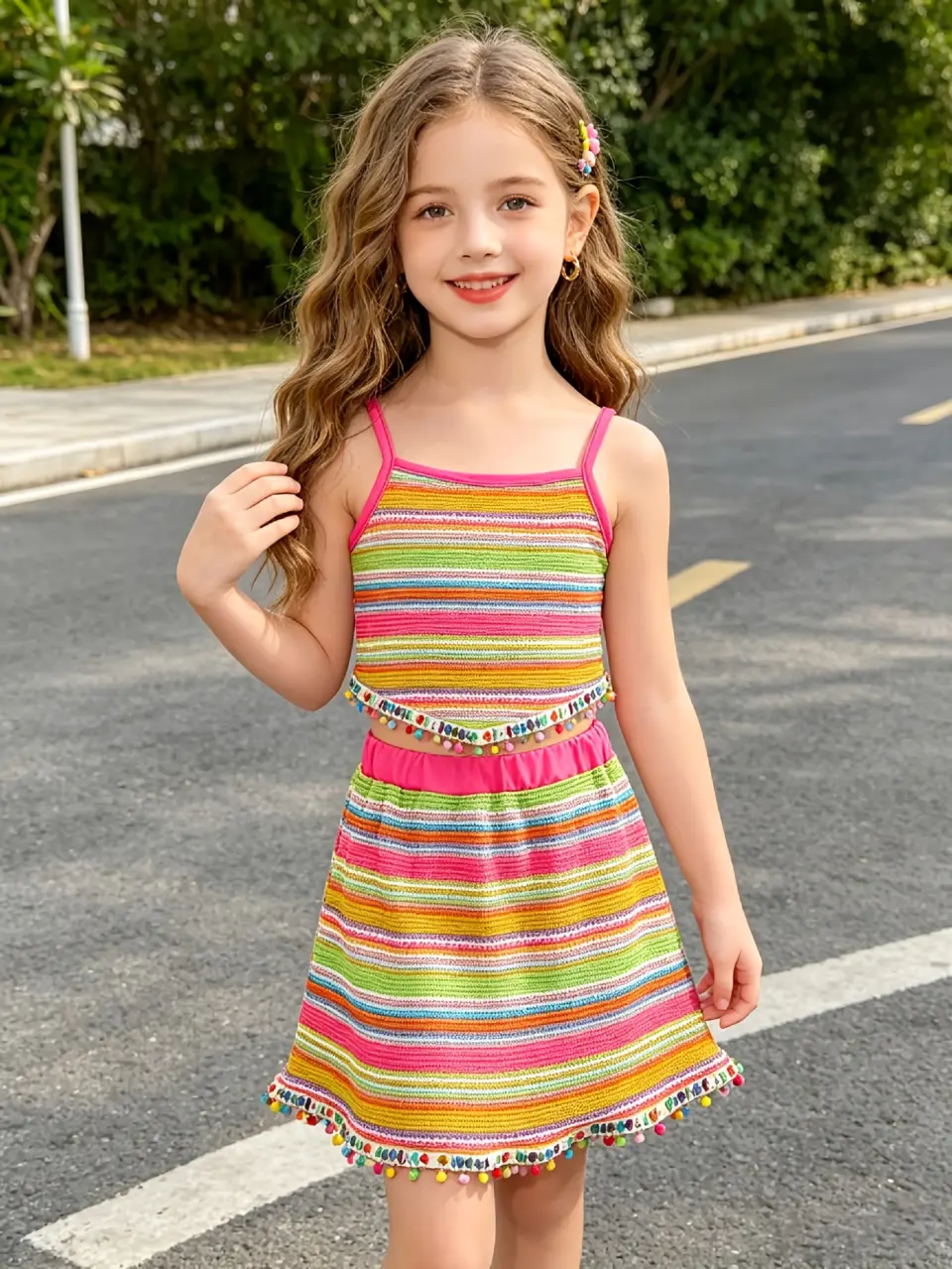 Girls Striped Jacquard Cami Top and Skirt Set