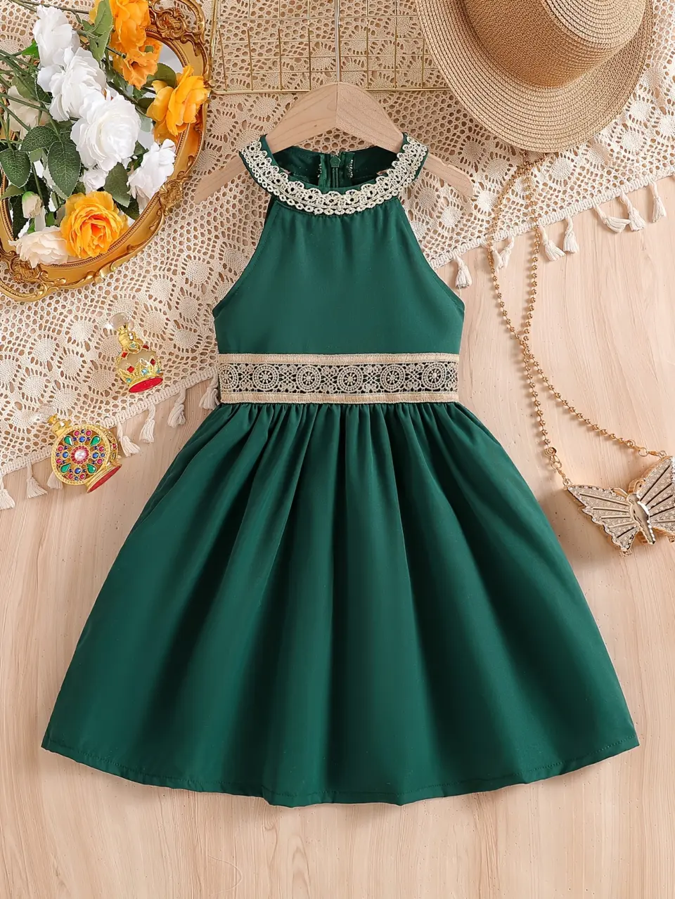 Girls Green Lace Trim Off-Shoulder Dress