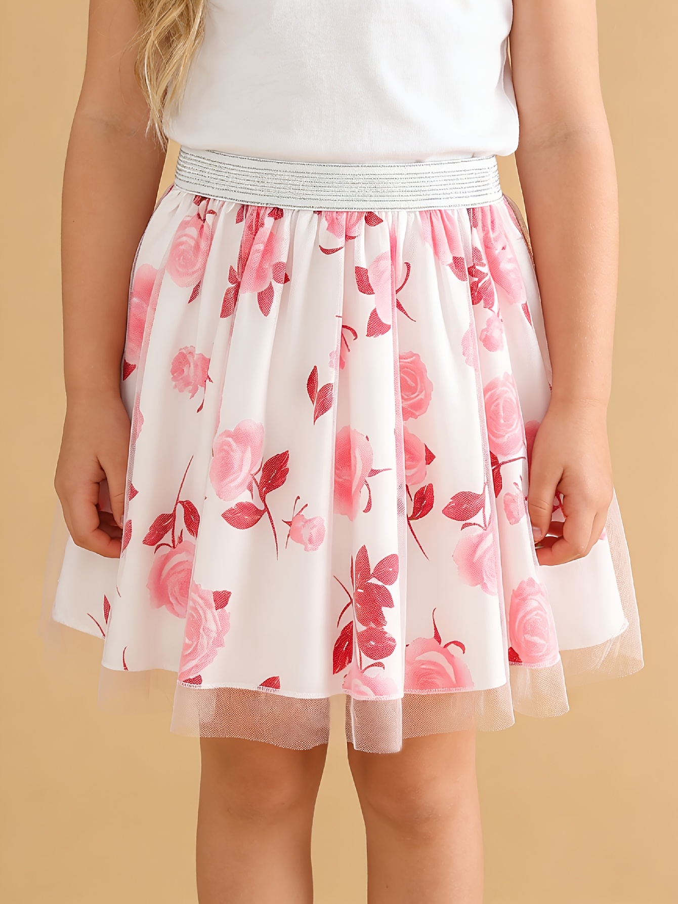 Girls Floral Print Tulle Skirt - 图片 2