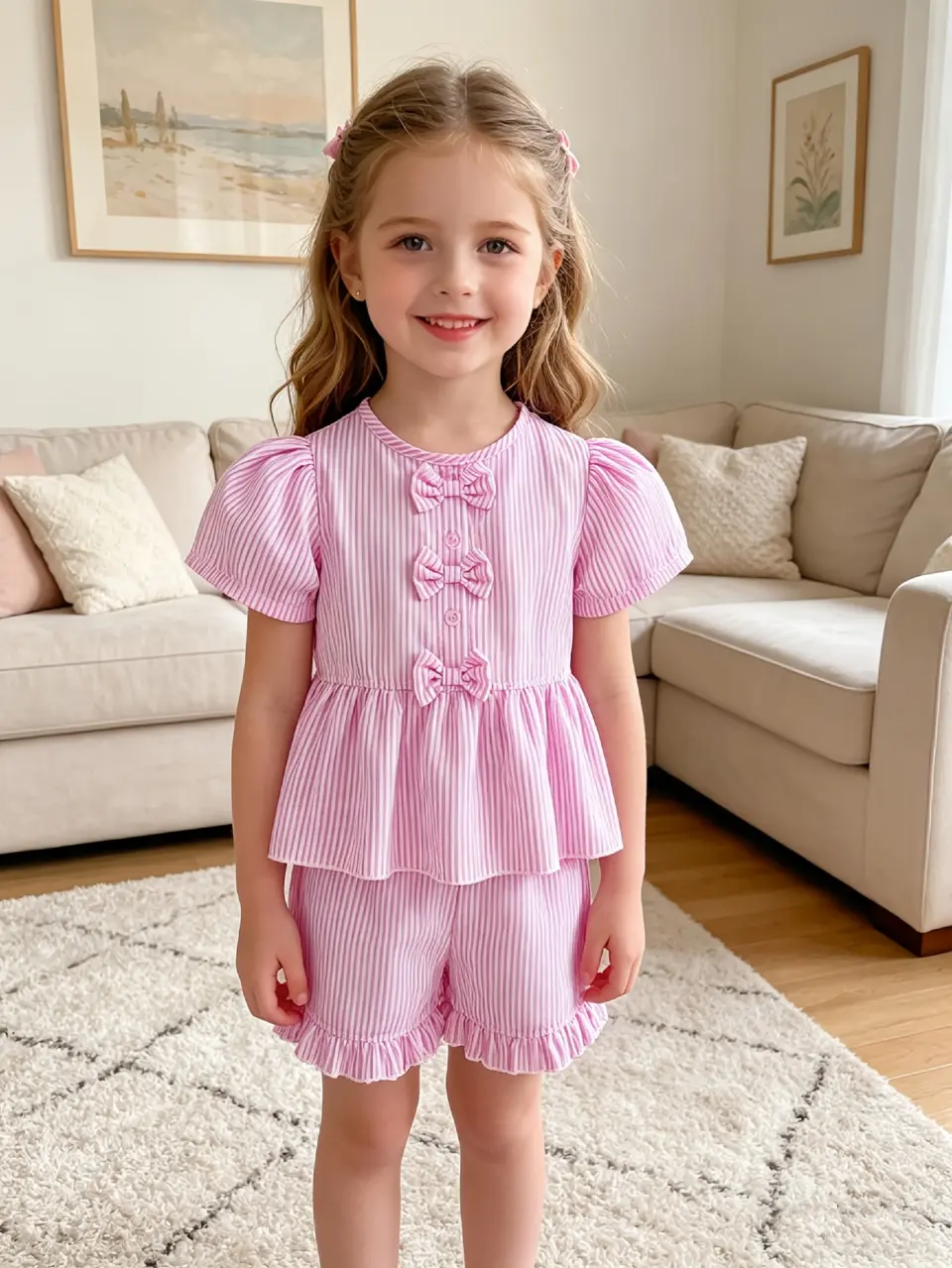 Girls Striped Puff Sleeve Top and Ruffle Shorts Set