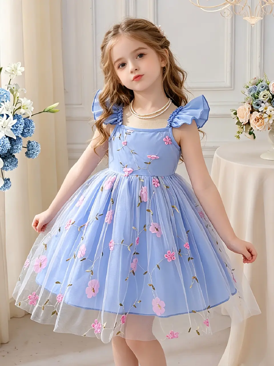 Girls Ruffle Strap Embroidered Dress