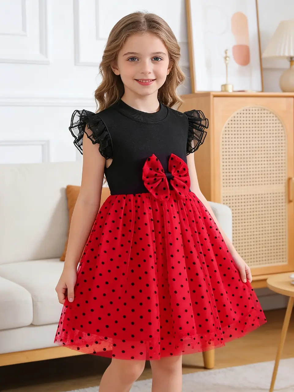 Girls Black and Red Polka Dot Tulle Dress