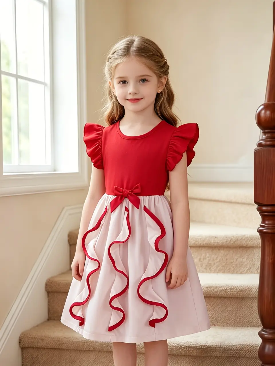 Girls Bow Waist Ruffle Dress