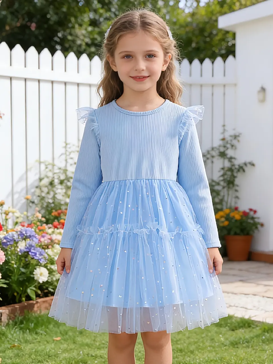 Girls Blue Long Sleeve Sequin Tulle Dress