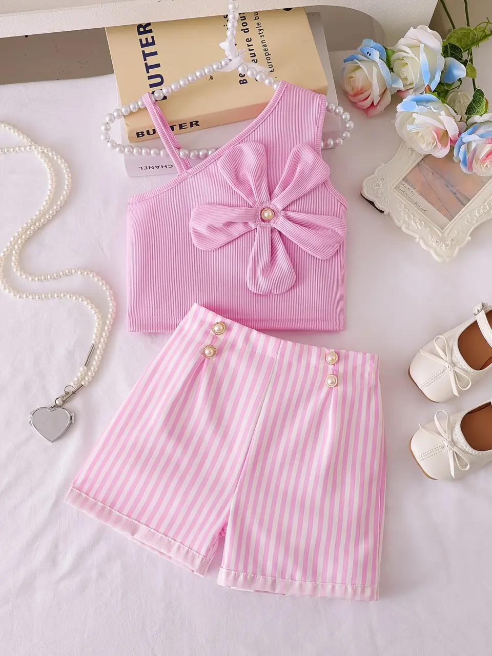 Girls Pink 3D Flower Vest and Striped Shorts Set