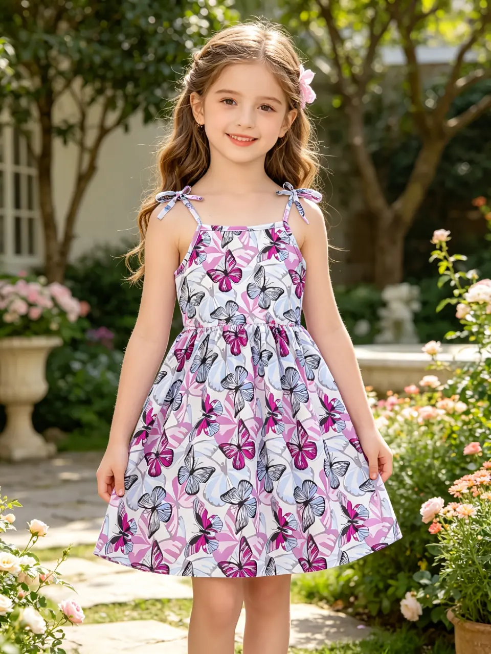 Girls Butterfly Print Textured Dress