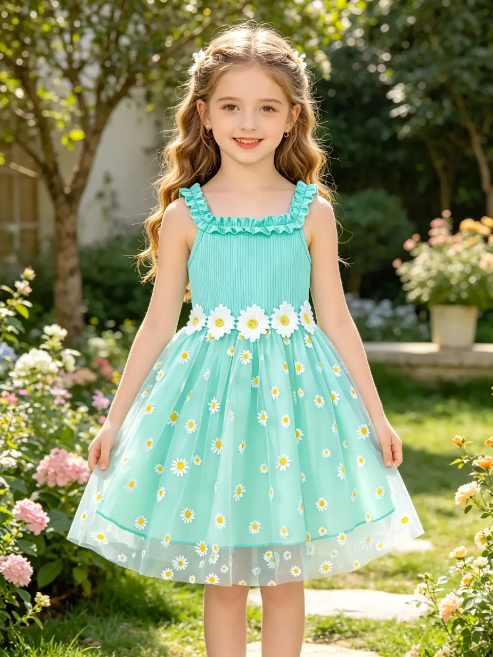 Girls Aqua Daisy Tulle Cami Dress