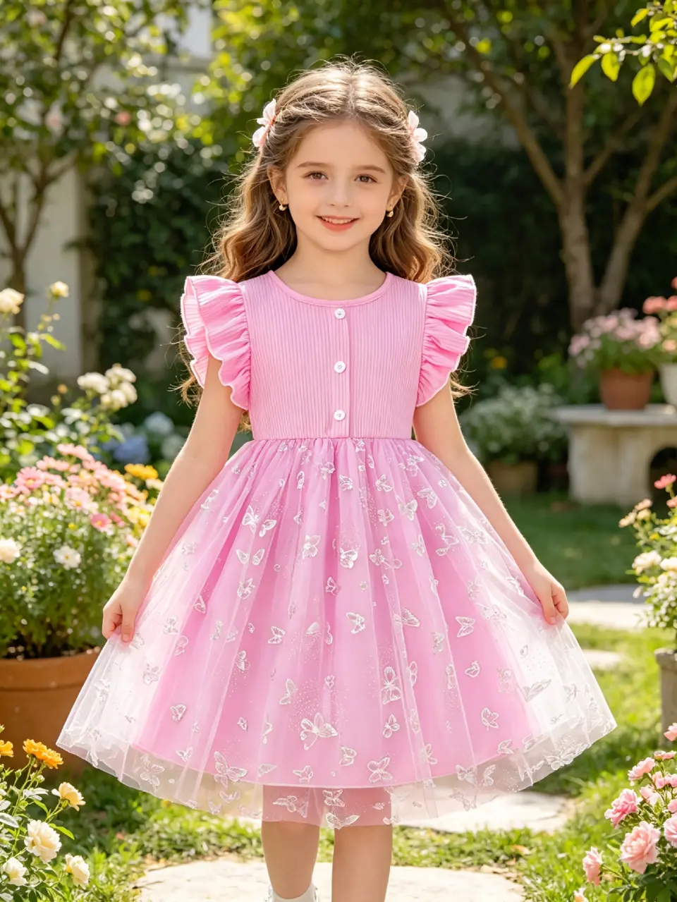 Girls Butterfly Print Ribbed Tulle Dress