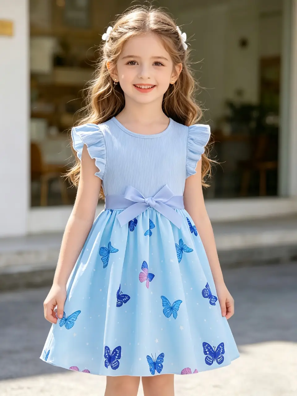 Girls Blue Sleeveless Butterfly Print Dress