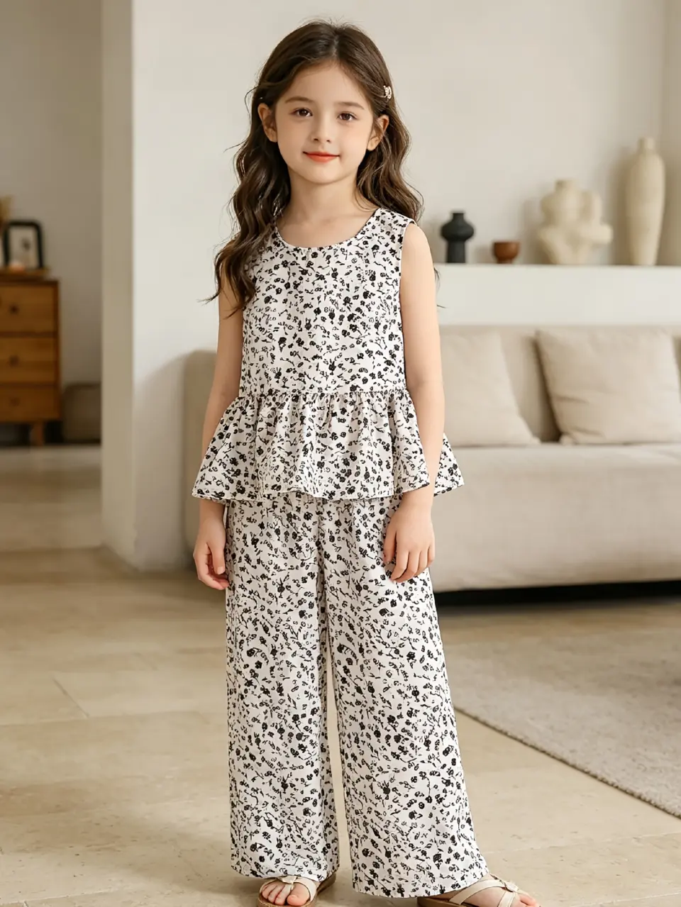 Girls Floral Sleeveless Top and Straight Pants Set