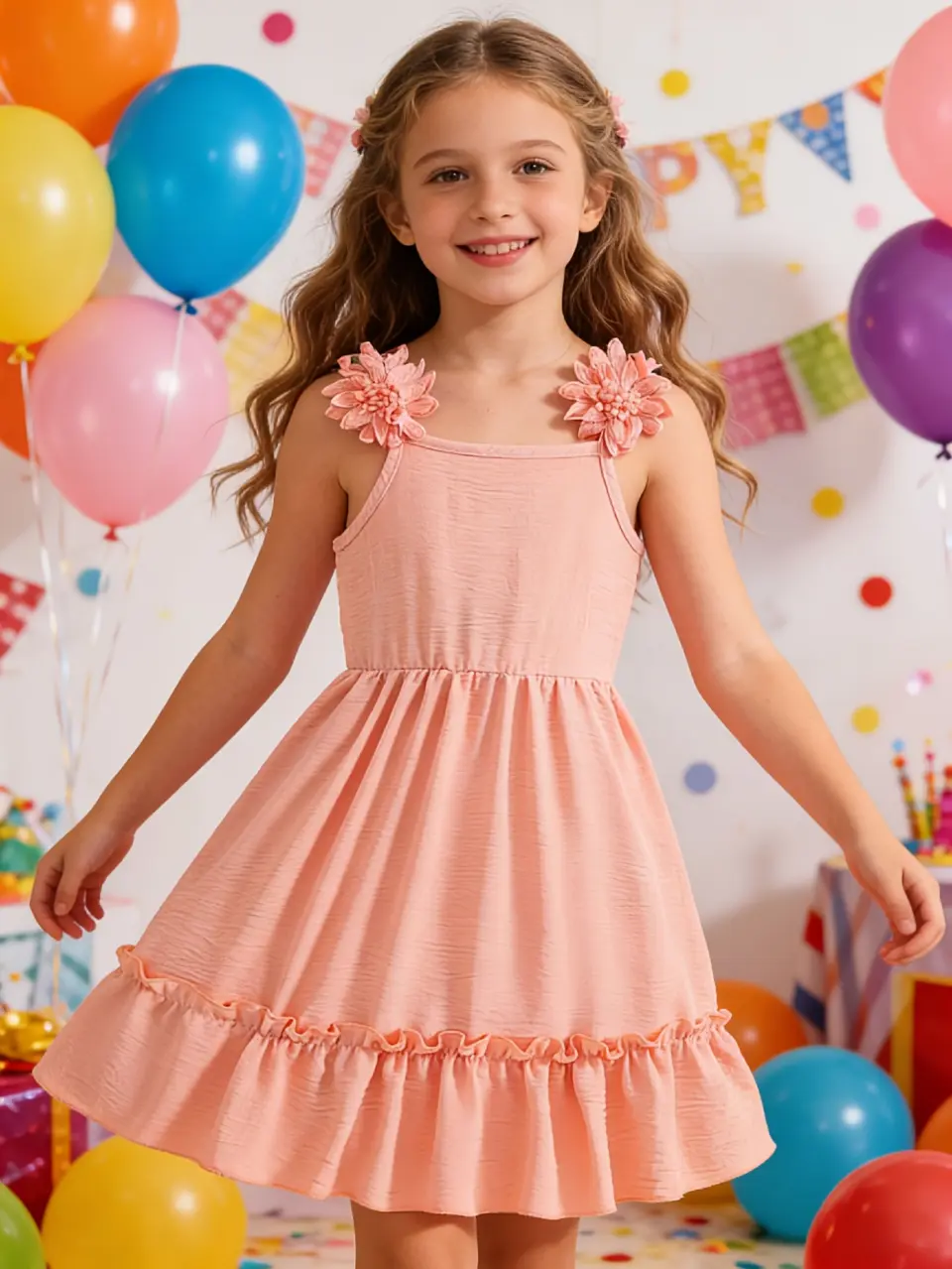 Girls Floral Strap Dress with Eyelet Detail