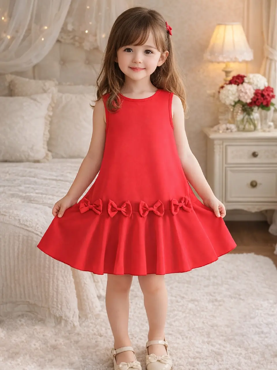 Girls Red Bow Party Dress with Round Neck