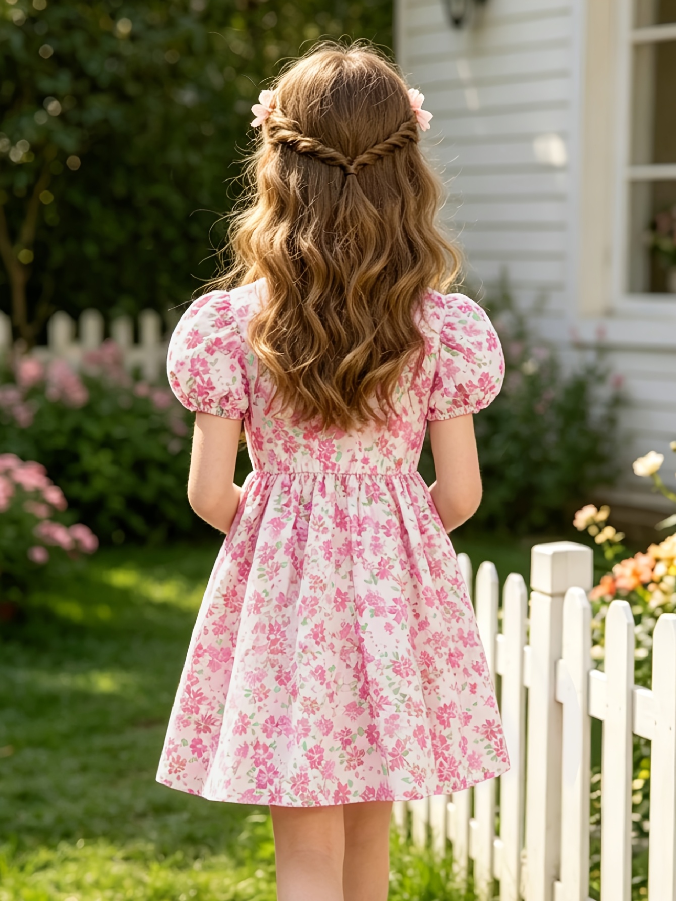 Girls Pink Floral Short Sleeve Dress with Keyhole Back - 图片 2