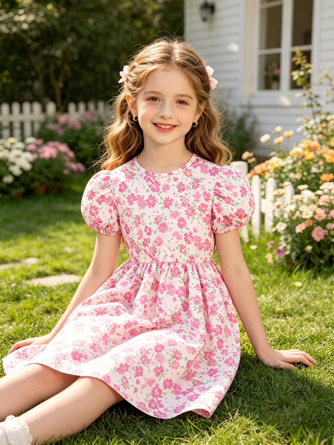 Girls Pink Floral Short Sleeve Dress with Keyhole Back - 图片 4