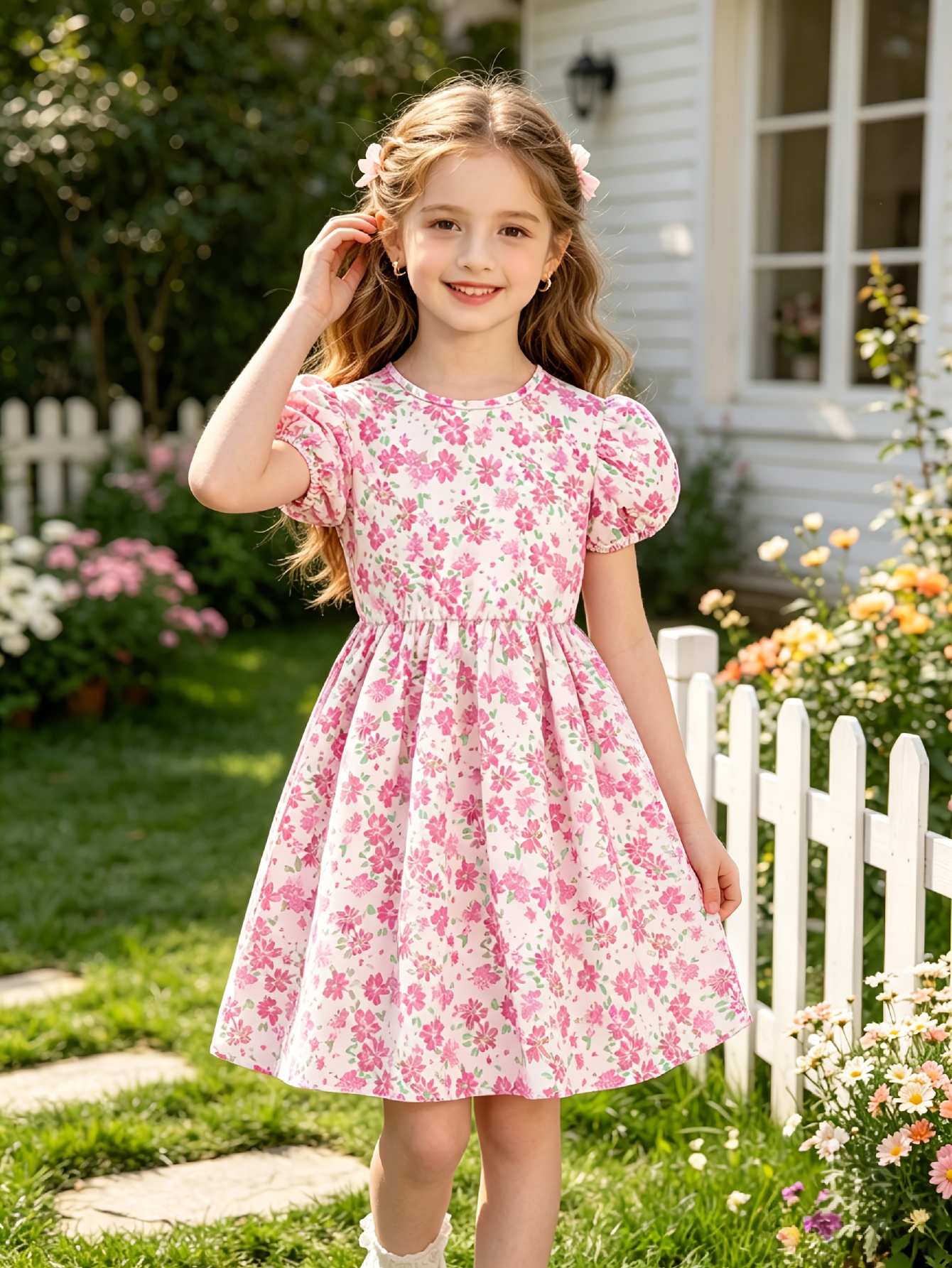 Girls Pink Floral Short Sleeve Dress with Keyhole Back - 图片 5