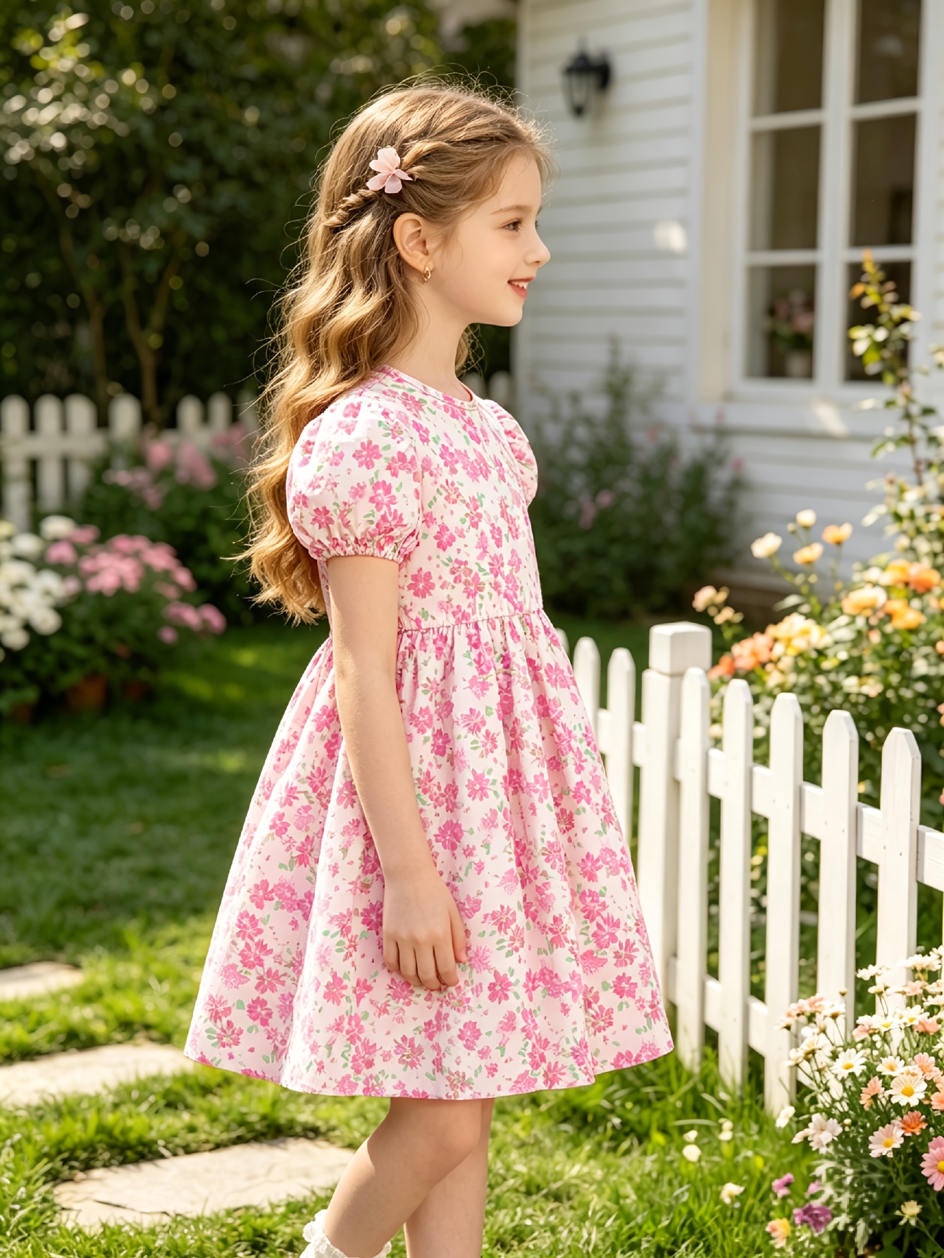 Girls Pink Floral Short Sleeve Dress with Keyhole Back - 图片 3