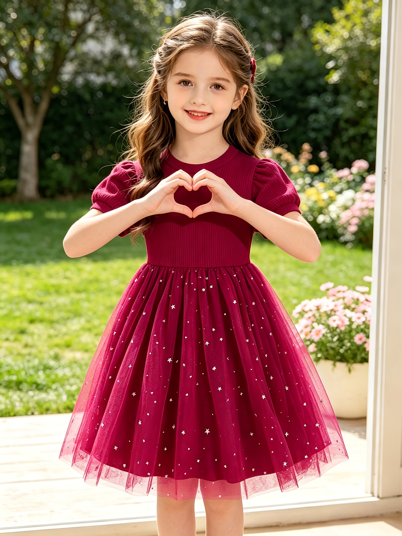 Girls Red Short Sleeve Star Sequin Tulle Dress - 图片 5
