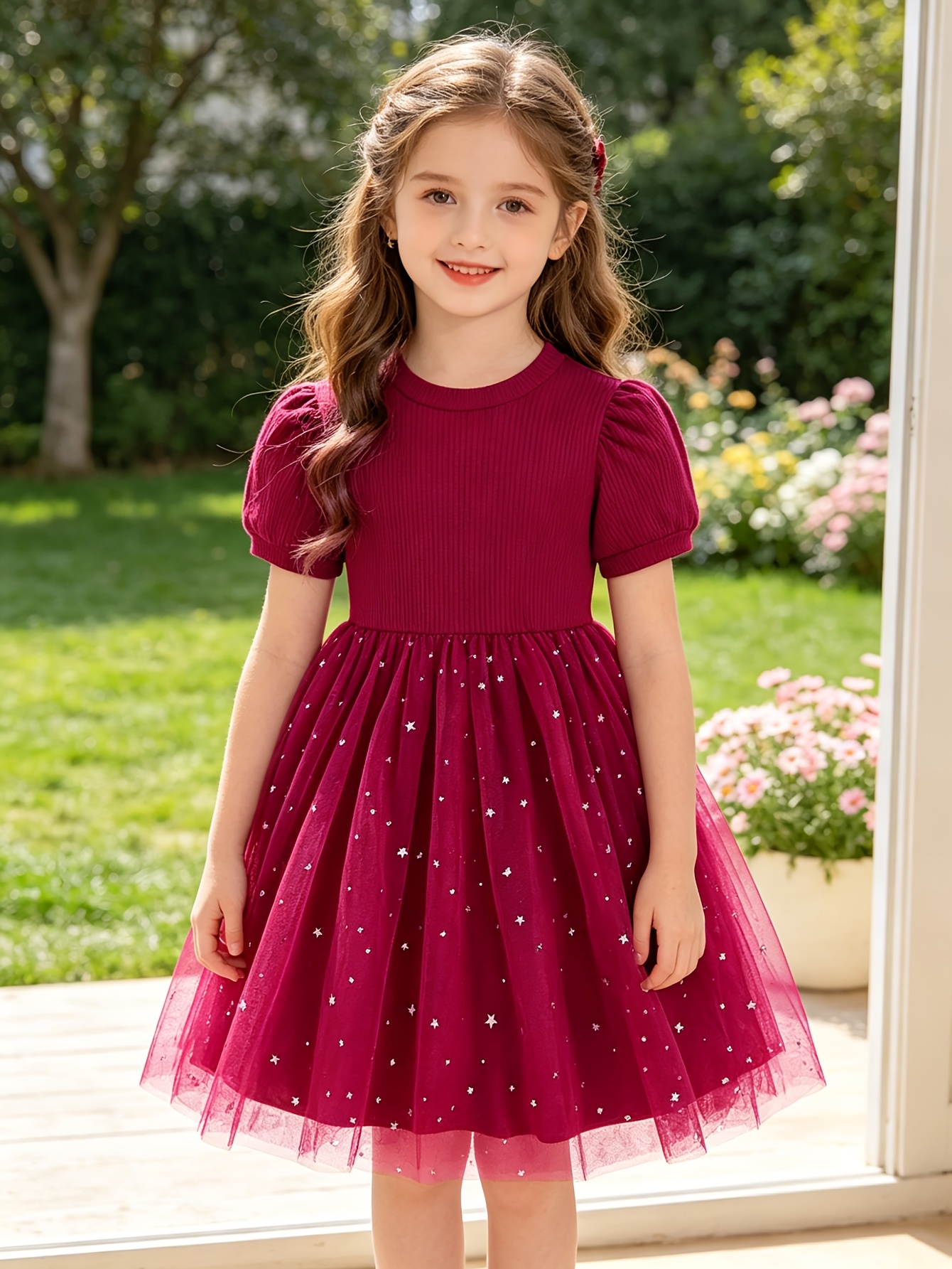 Girls Red Short Sleeve Star Sequin Tulle Dress - 图片 3