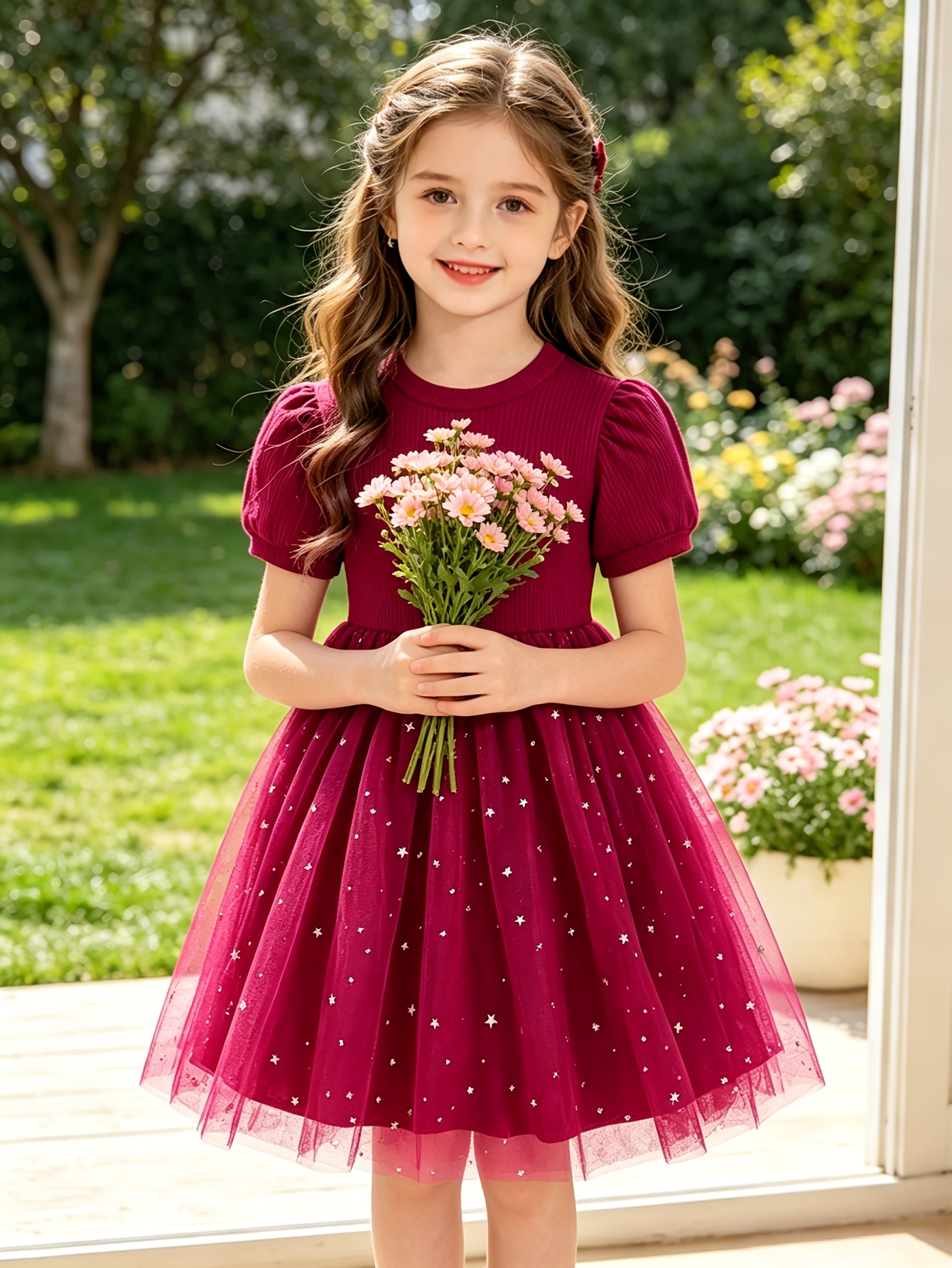 Girls Red Short Sleeve Star Sequin Tulle Dress - 图片 6