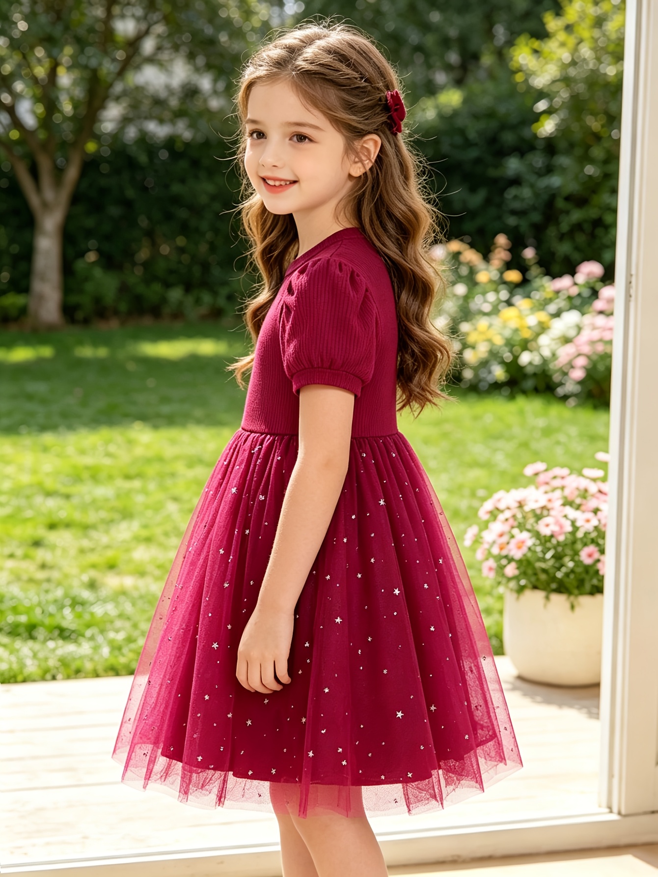 Girls Red Short Sleeve Star Sequin Tulle Dress - 图片 2