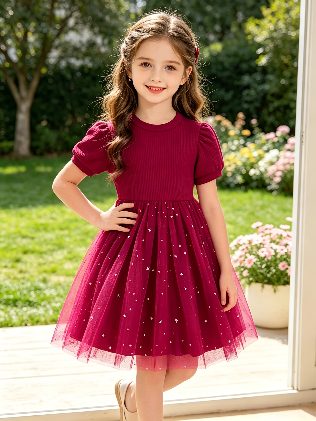 Girls Red Short Sleeve Star Sequin Tulle Dress - 图片 4