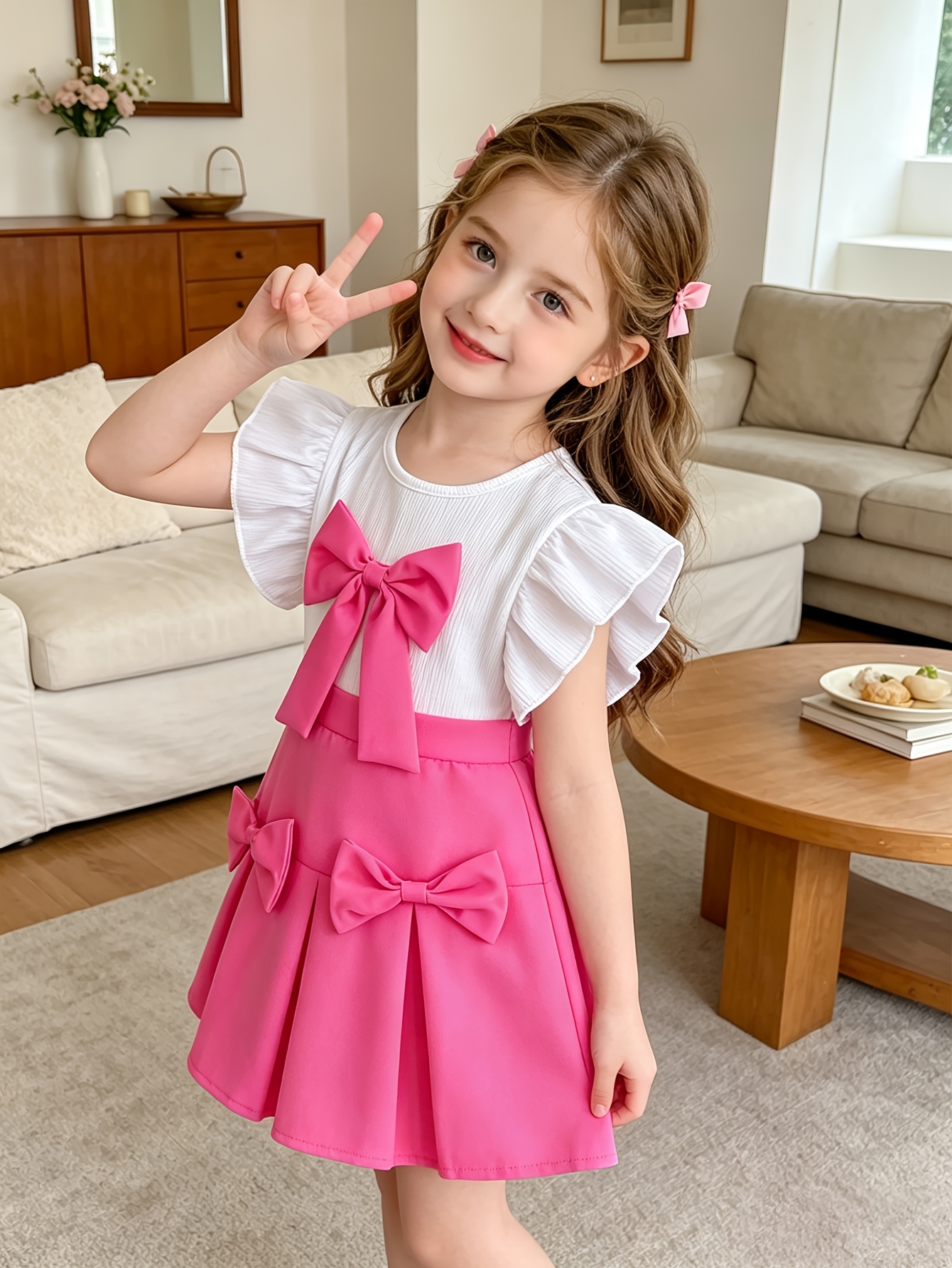 Girls Ruffle Sleeveless Top and Bow Skirt Set - 图片 3