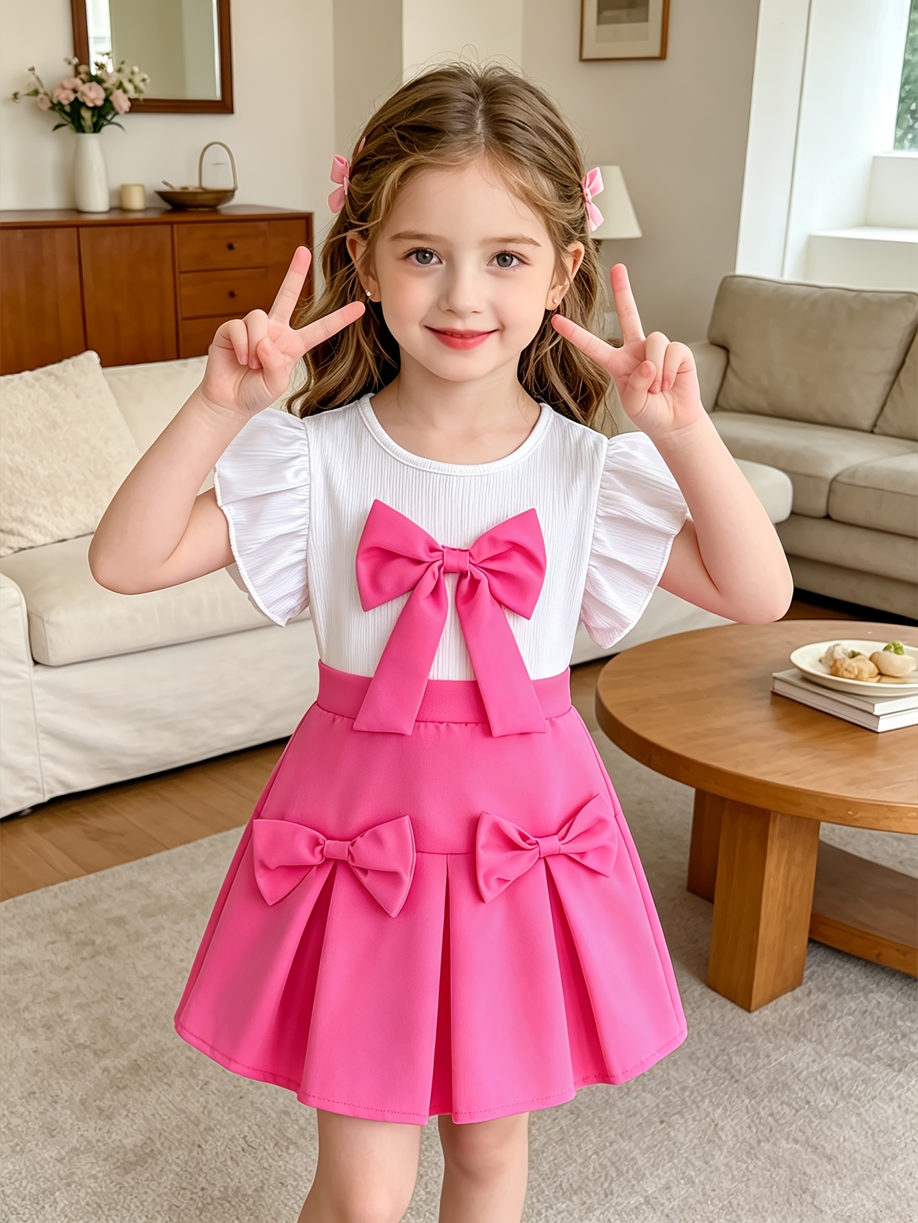Girls Ruffle Sleeveless Top and Bow Skirt Set - 图片 4