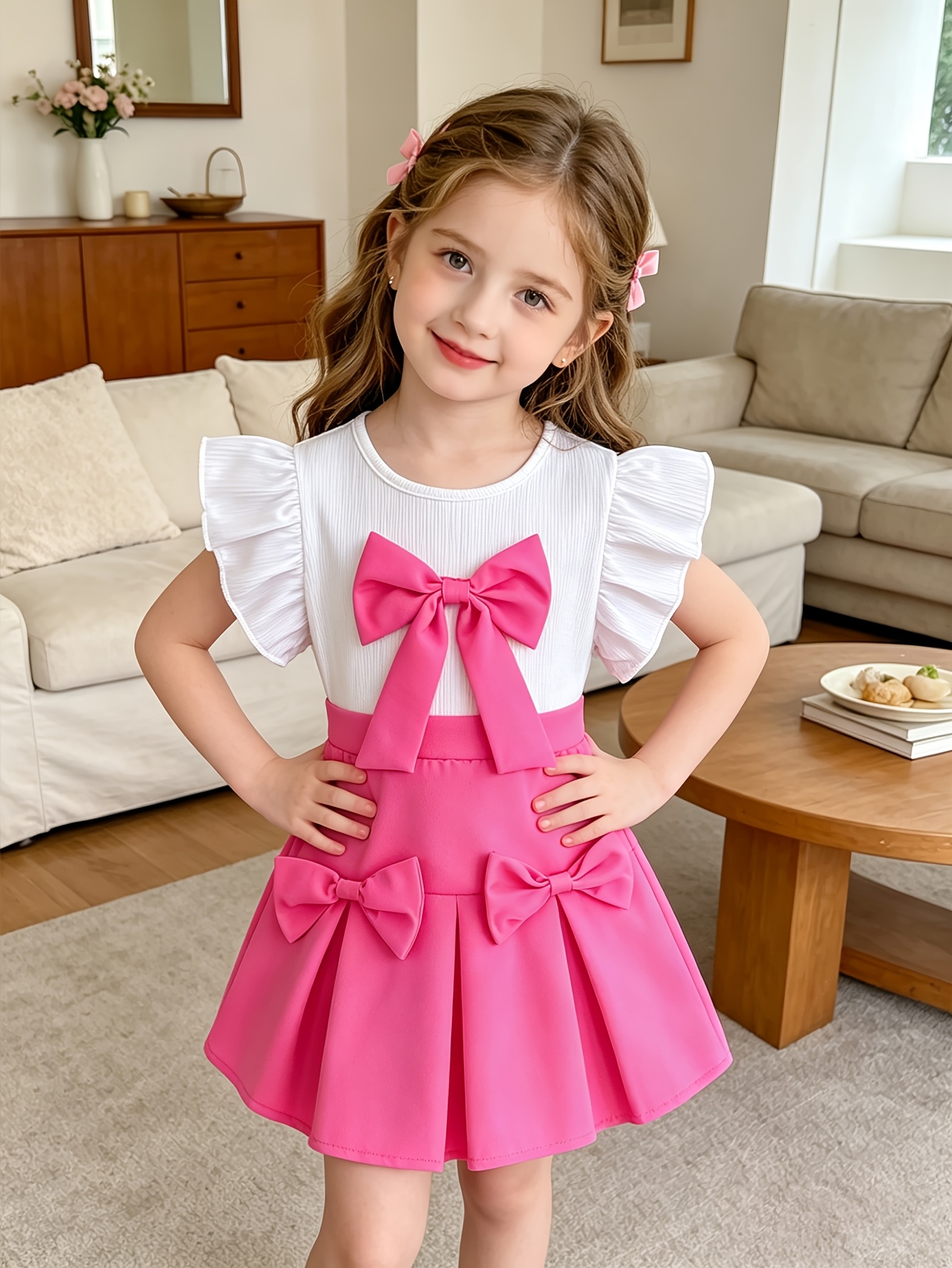 Girls Ruffle Sleeveless Top and Bow Skirt Set - 图片 2
