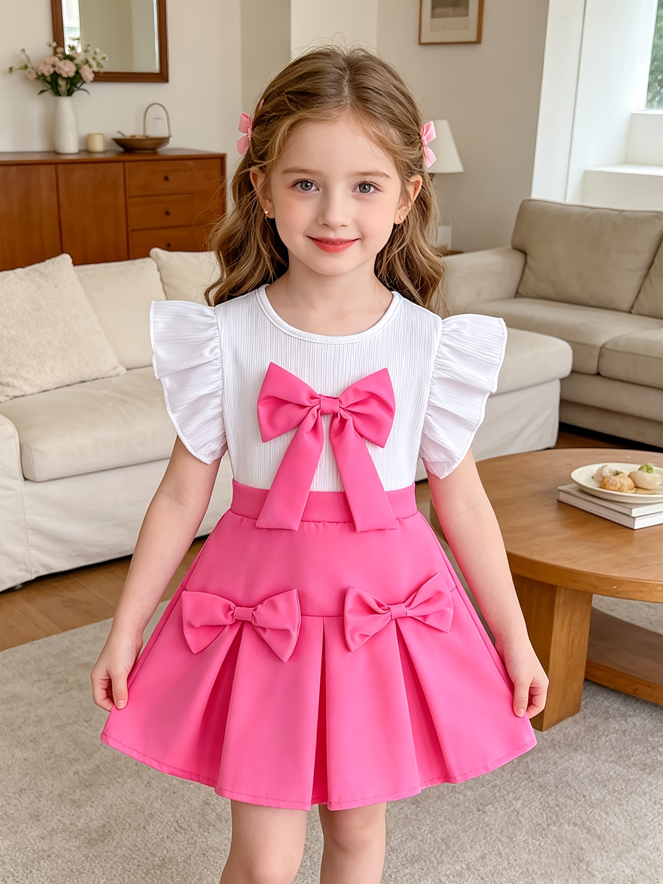 Girls Ruffle Sleeveless Top and Bow Skirt Set - 图片 5