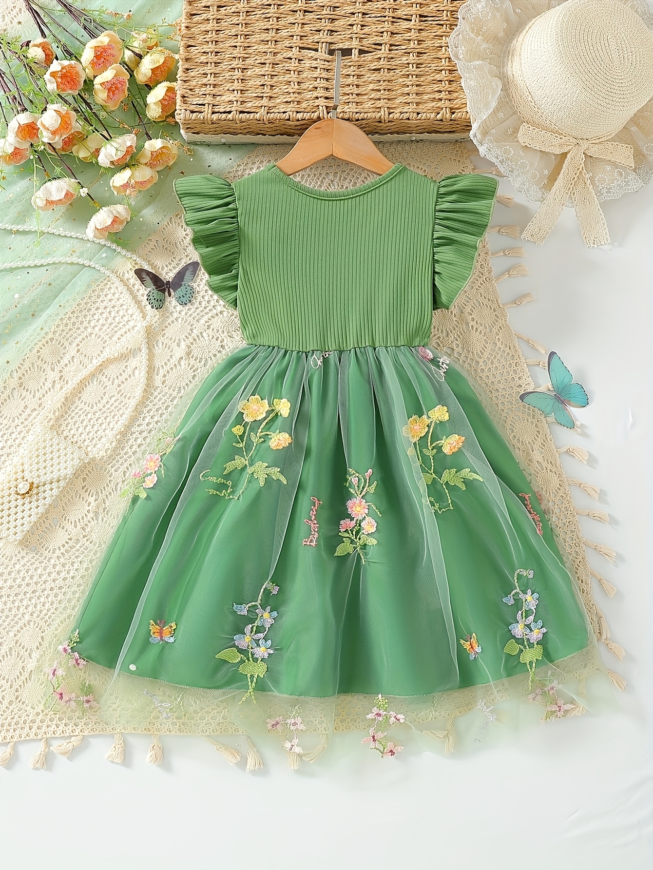 Girls Ribbed Floral Embroidered Tulle Dress - 图片 4