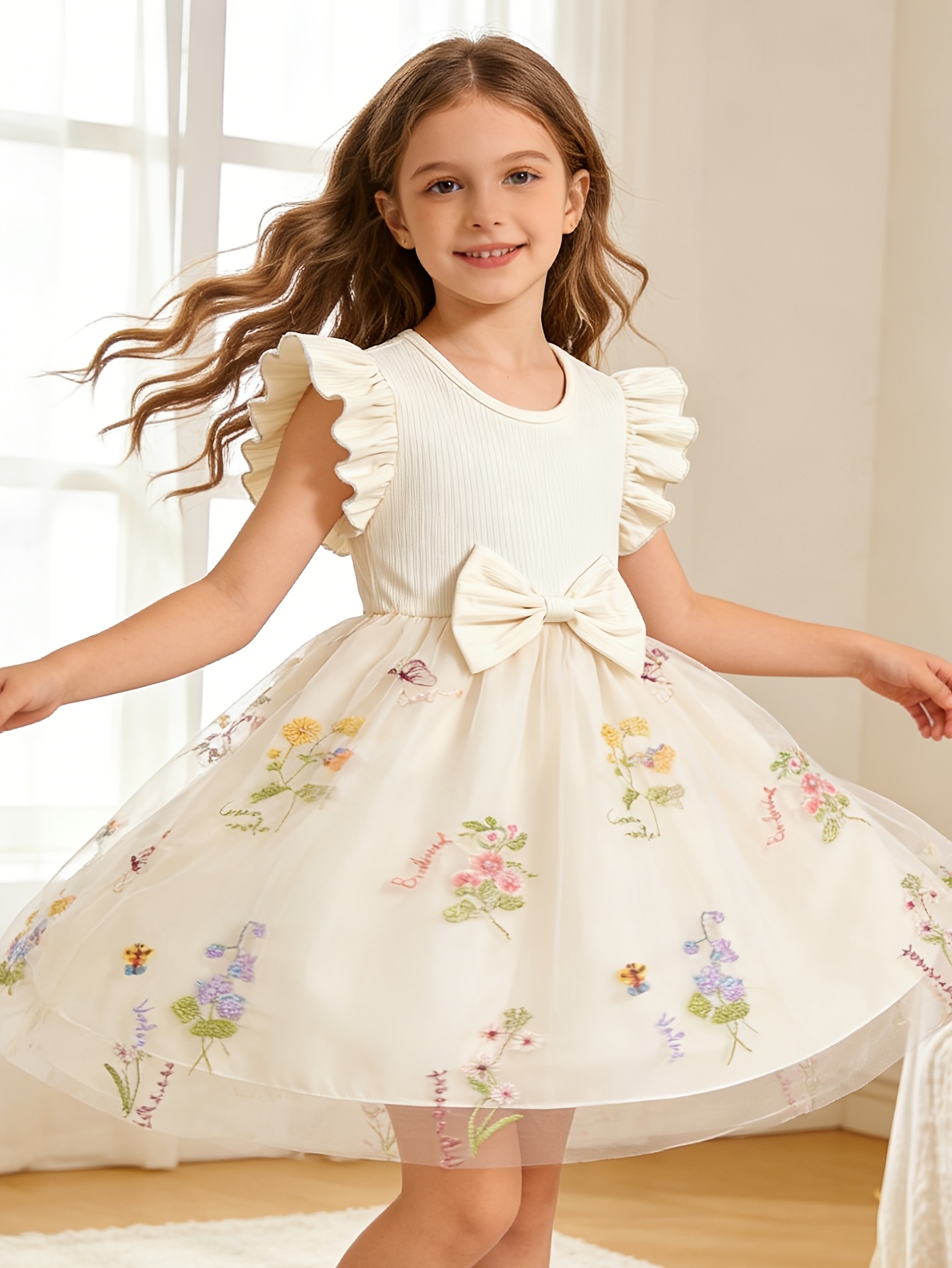 Girls Ribbed Floral Embroidered Tulle Dress - 图片 11