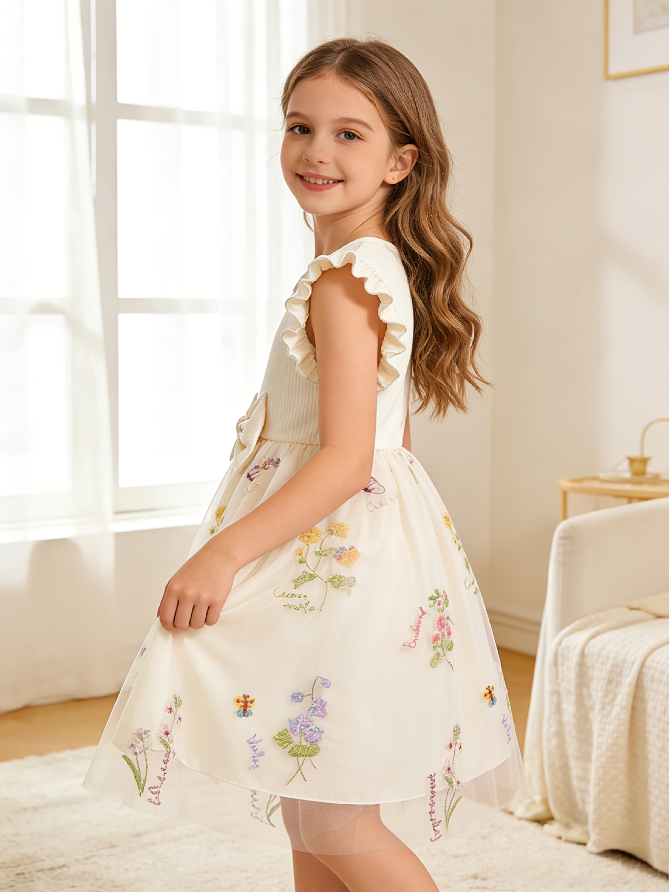 Girls Ribbed Floral Embroidered Tulle Dress - 图片 10