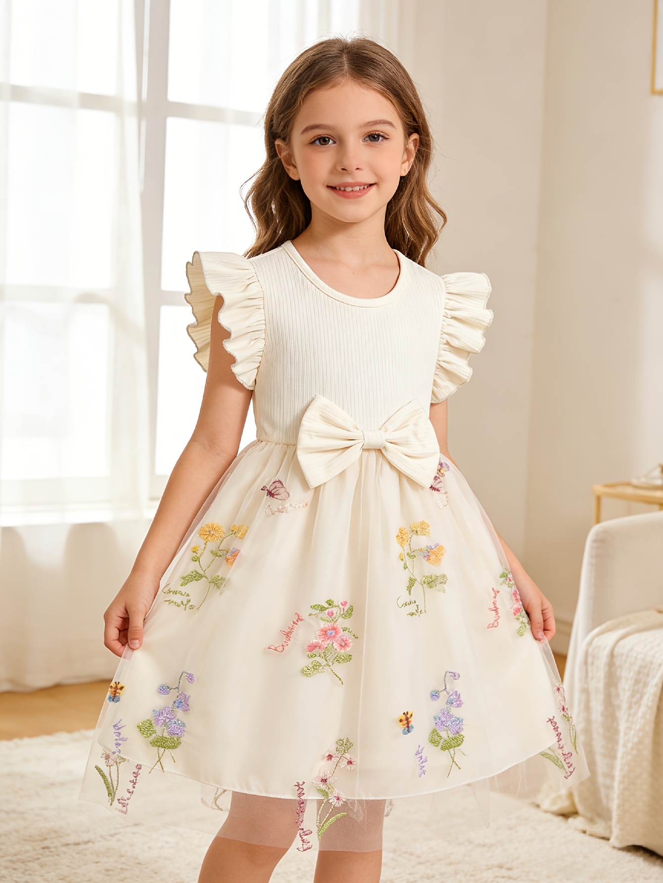 Girls Ribbed Floral Embroidered Tulle Dress - 图片 2