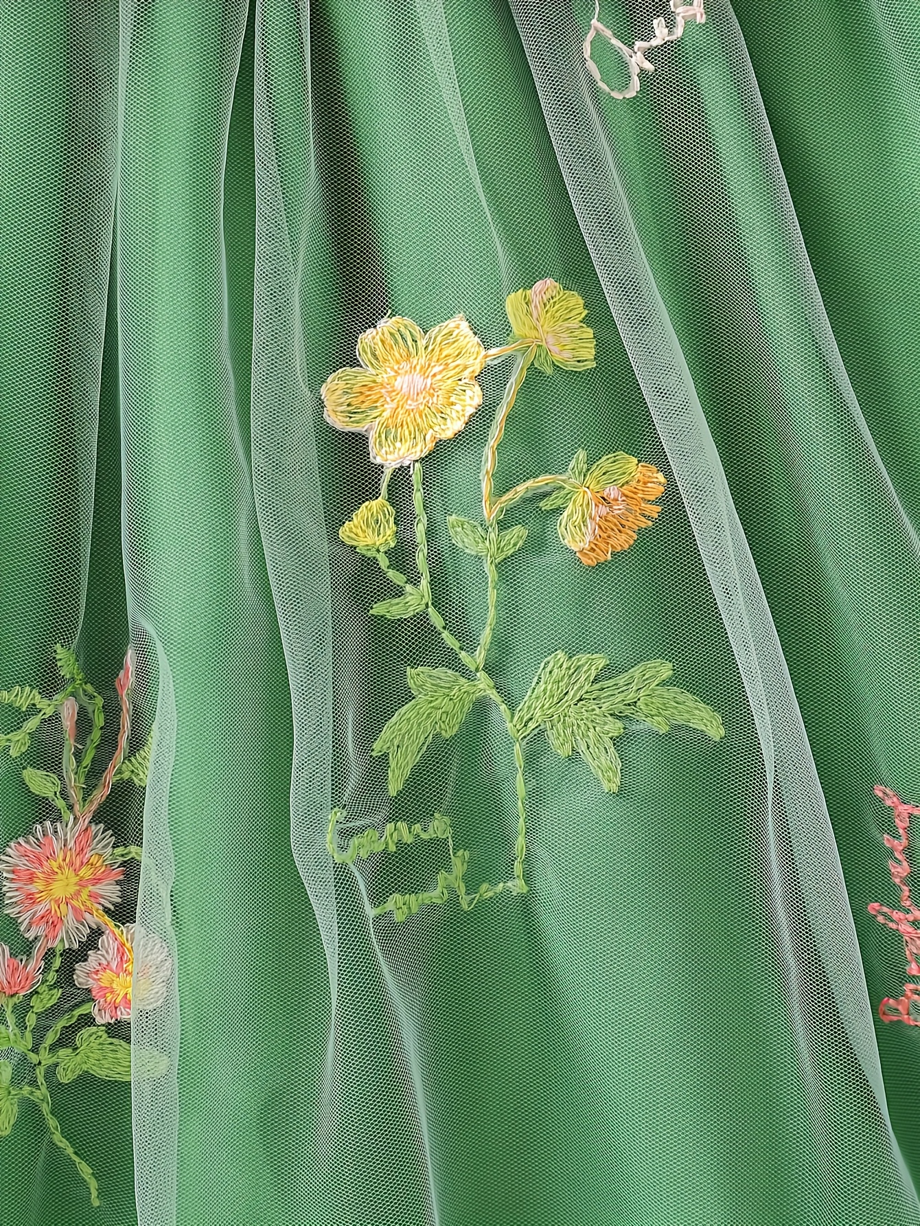 Girls Ribbed Floral Embroidered Tulle Dress - 图片 9