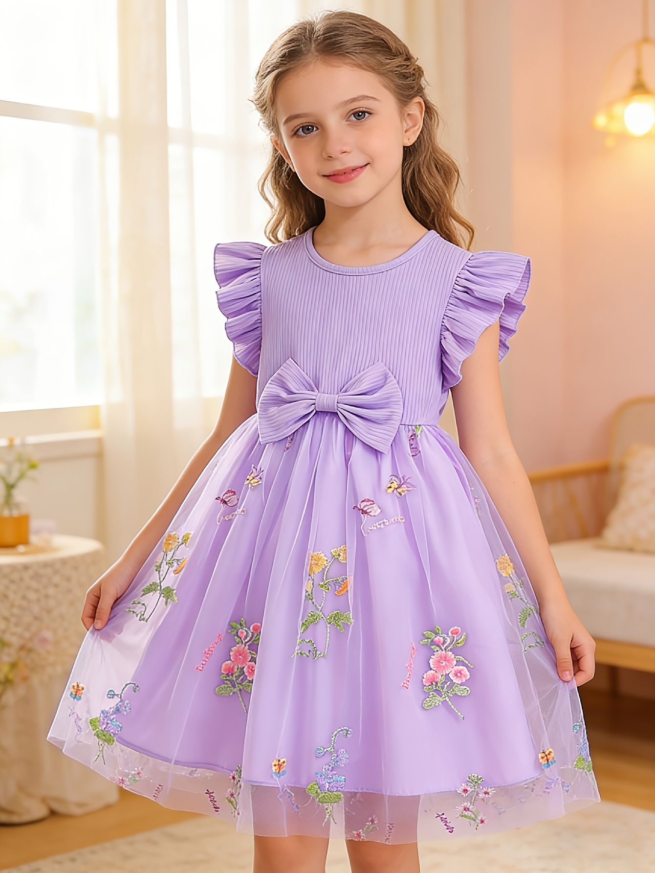 Girls Ribbed Floral Embroidered Tulle Dress - 图片 3