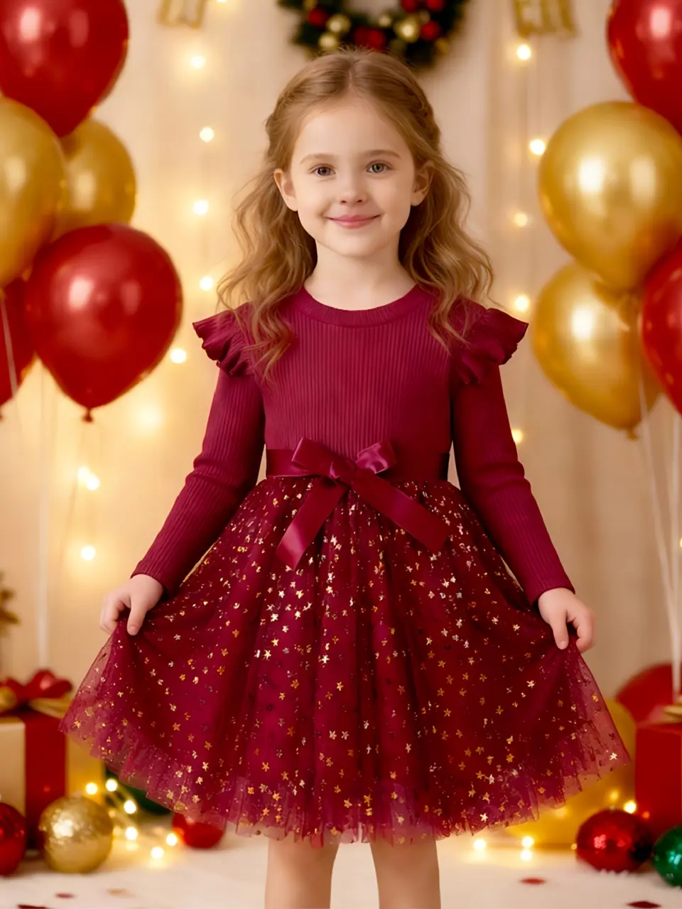 Girls Red Long Sleeve Star Sequin Tulle Dress