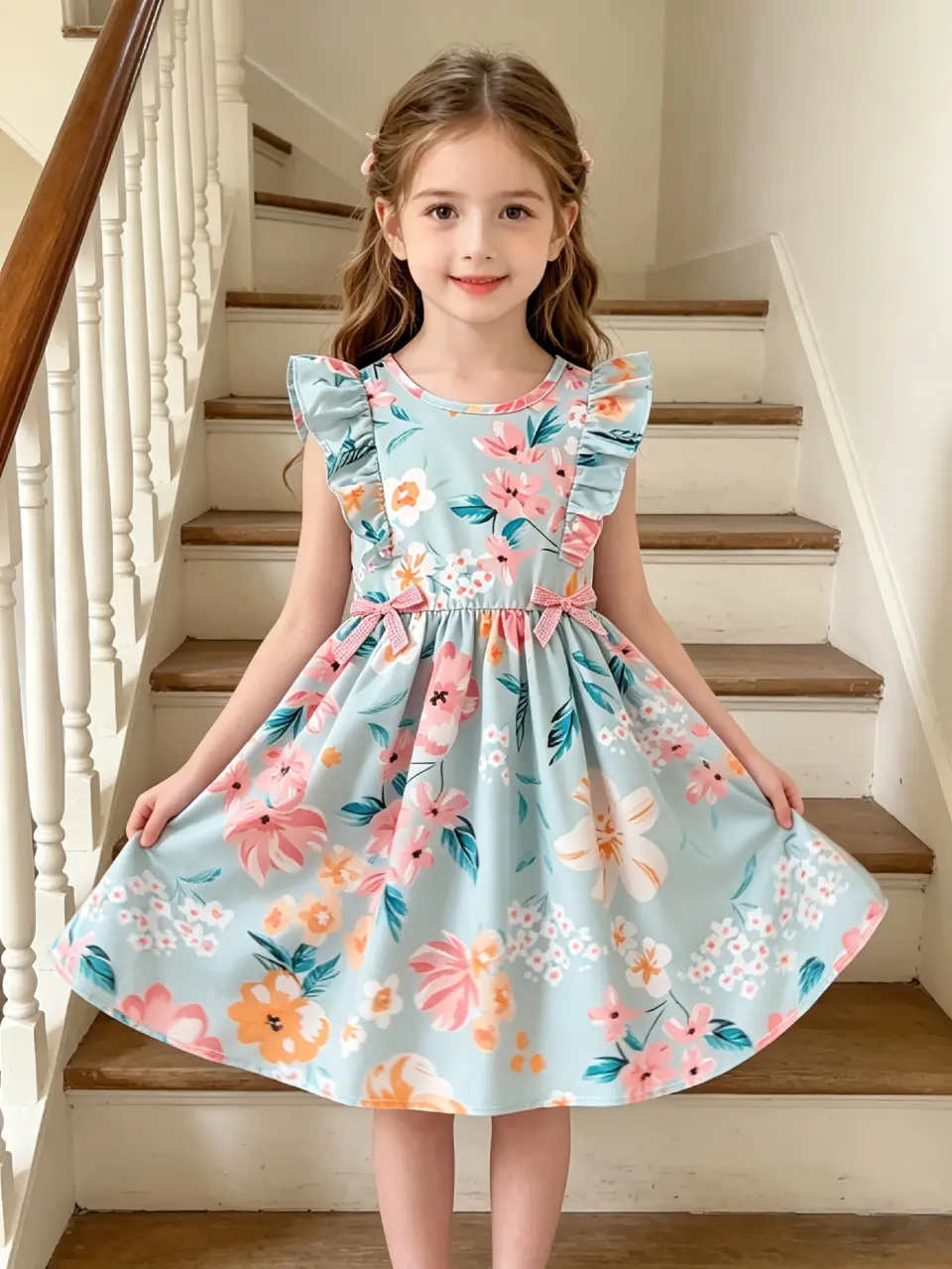 Girls Floral Print Flutter Sleeve Party Dress