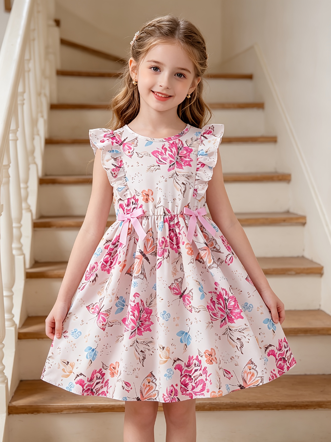 Girls Floral Print Flutter Sleeve Party Dress - 图片 2